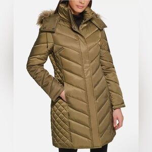 KENNETH COLE Women's Faux-Fur-Trim Hooded Puffer Coat, Olive, NWT